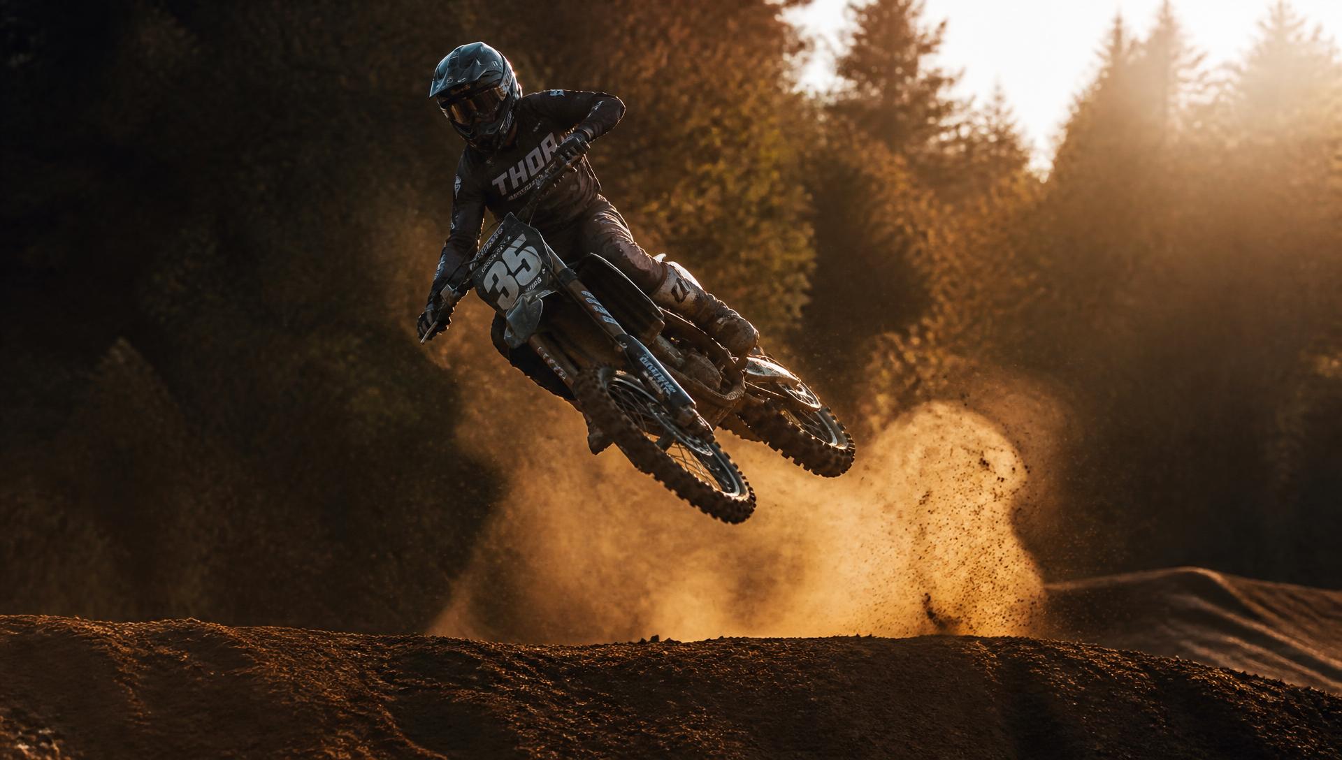Motocross-Fahrer springt im Staub über einen Sprung